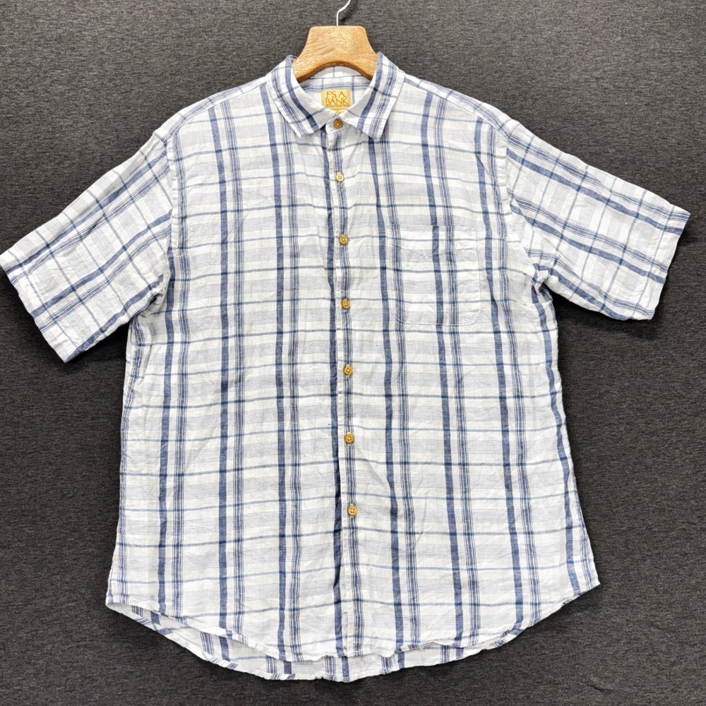 Jos A Bank Shirt Mens L Blue White Plaid Short Sleeve 100%‎ Linen Button Front - Picture 2 of 10